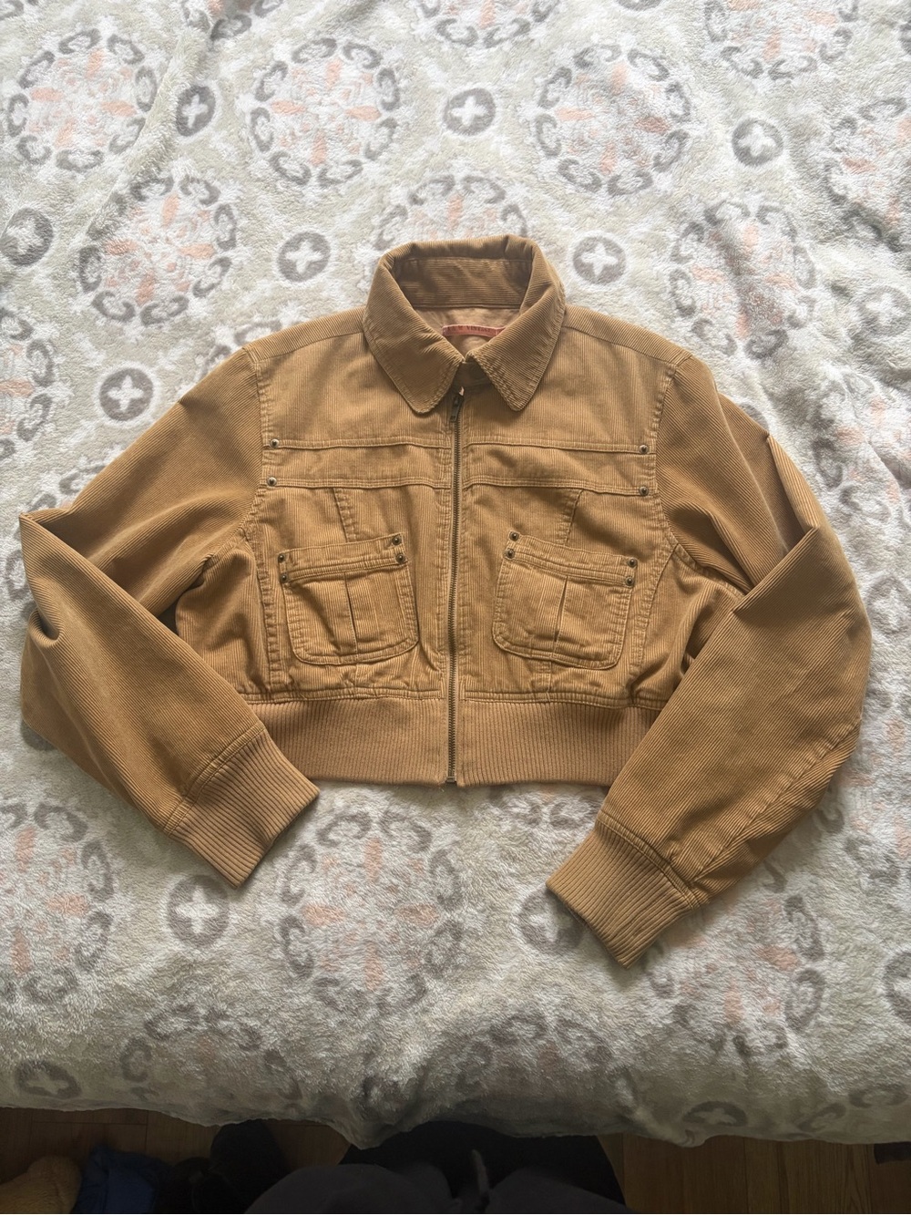 Cropped Tan Corduroy Bomber Jacket - Women